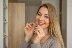 Smiling young woman holding Invisalign aligner 